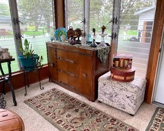 Vintage Buffet, Oil Lamps, Glassware, Plants