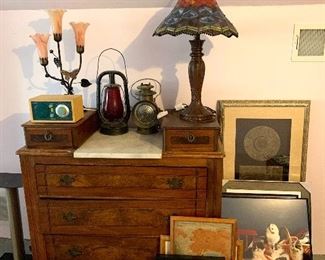 Antique Marble Dresser, Stained Glass Lamp, Lanterns