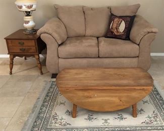 Ethan Allen Early American End Tables, Microfiber Sofa and Loveseat, Area Rug, Vintage Hurricane Lamp