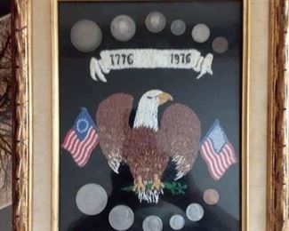 1776 - 1976 embroidery picture with vintage coins coins