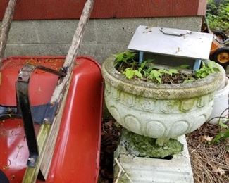 Lots of garden including concrete urns, sheperd hooks, tools, birdbaths