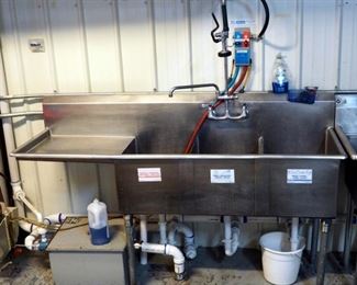 Stainless Steel 3 Basin Wash Sink Includes Kay Automatic Soap Dispenser and Spray Nozzle 45" x 73" x 24"