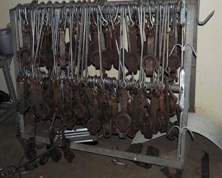 Trolley Hooks, Assorted Sizes, Approximately 100, Includes Rolling Rack 54"H x 60"W x 30"D