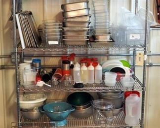 Stainless Steel Pans, Skillets, Food Storage Containers and More, Contents of Storage Rack