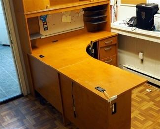 Modular 4 Piece L-Shaped Office Desk with Hutch, 67"H x 75" L x 20"D, 3 Drawers, Sliding Doors and Rolling Office Chair
