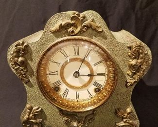Ansonia Rococo etched iron body mantle clock