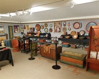 Partial gallery view of Marilynn Madden rosemaling collection.