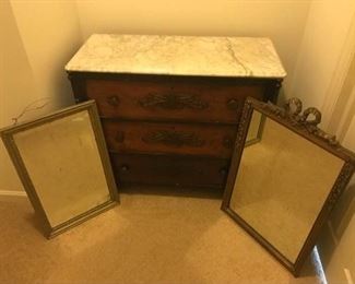 Antique Marble Top Dresser and Two Vintage Mirrors