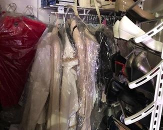 TONS of nice clothing kept in plastic bags. Most size small. Tons of shoes sizes 7.5-8 womens
