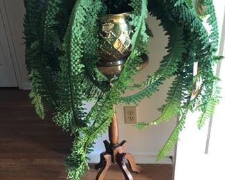 plant stand with brass pot and faux fern
