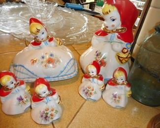 Hull Pottery Little Red Riding Hood, Butter Dish Cover, Pitcher, Salt Pepper (2)