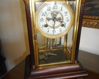 Antique Brass/Glass Waterbury Shelf Mantel Clock. Doors open Both Sides Sept 13 Patented 1800's