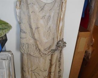 Antique Hand Made Beaded Satin Silk Drop Waist Wedding Dress with Veil