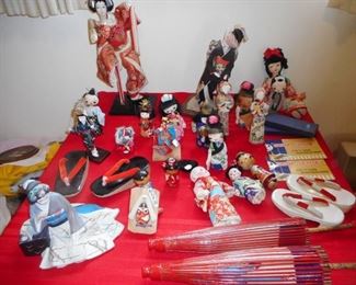 Vintage Oriental  Geisha Dolls on Wood Base, Kokoshi Dolls, Shoes, Parasols 