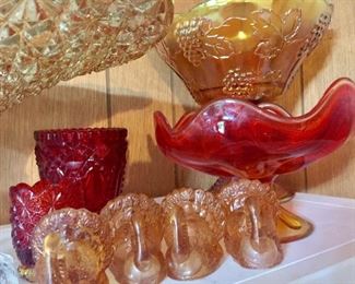 Carnival glass, red glass and turkeys
