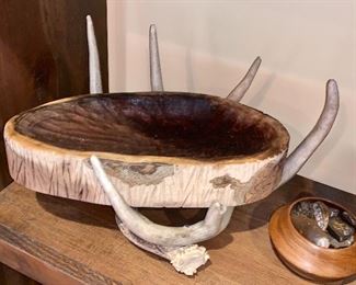 Antlers and wooden tray and small handmade wooden bowl