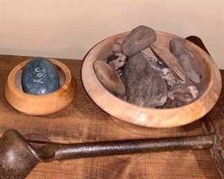 Handmade wooden bowl and vintage large drill bit