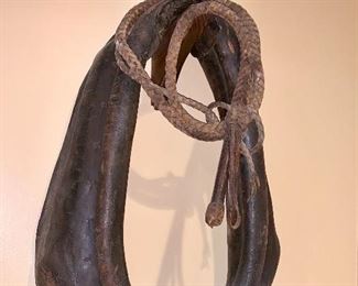 Leather horse harness collar and vintage whip