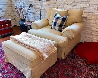 1 of 2 matching upholstered chairs w/ottoman. Cuddle up with a cup of tea and a good book