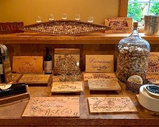 Cutting boards made from vintage wine barrels - collection of wine corks