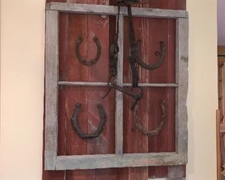 Handmade bard wood and horse shoe display