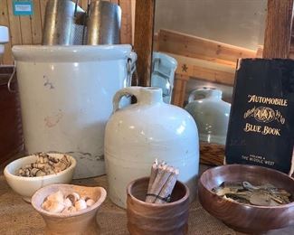 Vintage crocks, handmade wooden bowls