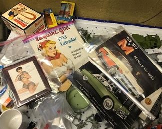 Pin-up calendars- we have a nice collection of 1940’s & 1950’s magazines.  Two dealer brochures.  