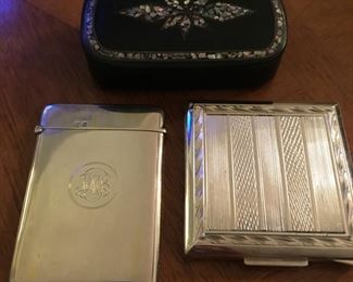 1.  Card case, sterling silver, 1922, Silver,  2.  sterling silver compact, 3. paper mache Victorian box