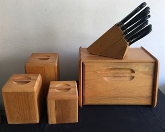 Vintage Wooden Bread Box,Canisters Knife Set