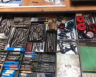 Inside Flat File Drawers with an incredible mixture of vintage and Antique tools. Mills Bits Dies Taps. Lovingly cared for.