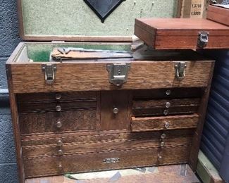 Gerstner and Son Illinois oak tool box with precision measuring devices