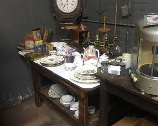 Vintage clocks dishware candelabra scales