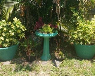 bird bath and concrete planters