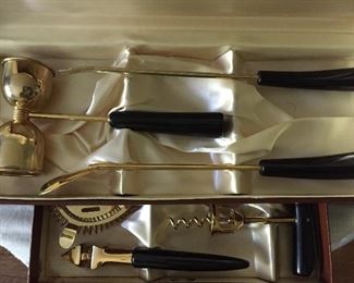 Never used! brass plated, bakelite handled barware set in leatherette case. Vintage!!