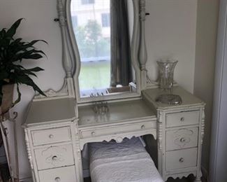 Vintage hand carved, dovetailed drawers, vanity with mirror and bench.