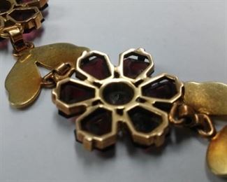 Weinman Brothers. New York 14 K Gold Art Deco Garnet Flower Cluster Bracelet (added guard chain)