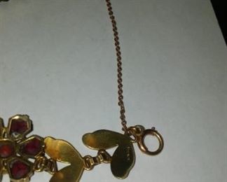Weinman Brothers. New York 14 K Gold Art Deco Garnet Flower Cluster Bracelet (added guard chain)