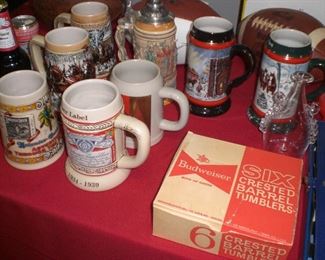 Budweiser bow tie crested barrel tumblers in the original box,  Budweiser beer steins, etc.