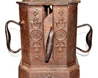 RARE ANTQ. CAST IRON 4-SECTION SAD IRON WARMER w/4 Flat Irons Inside