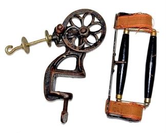 ANTQ. BOOK CARRIER w/STRAPS - SM. CAST IRON ROPE TURNER