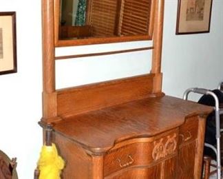 LATE 1800's OAK CROWN WASH STAND - Note Towel Bar Below Mirror
