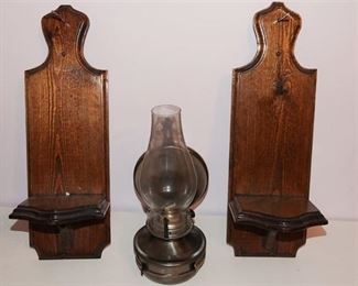 60. Wooden Wall Sconces and Oil Lamp