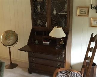 Ethan Allen drop down secretary desk, Globe and desk chair