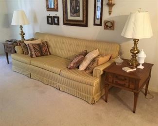 Sofa (gold) with matching end tables, decorative items