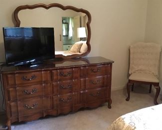 Dresser and curved mirror, Flat screen TV, occasional,chair