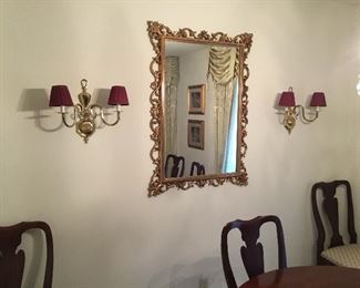 Large Mirror in dining area - 2 matching wall sconces
