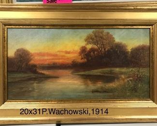 P Wachowski, Sunset, oil on canvas, c.1914