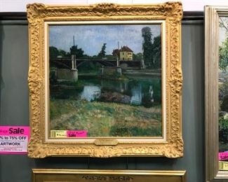 Sam Ostrowsky, An early work c. 1916, "The New Bridge at Argenteuil", overall dimensions 39 x 39 in. with frame.