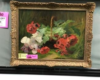 English School, Basket of Wild Poppies, oil on canvas c. 1895, 27 x 37 in. as framed