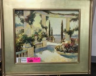 Vitali (Bondarenko), "A Patio on the Black Sea", oil on canvas, 30 x 34 in as framed. Frame is damaged and accompanies the painting without charge.